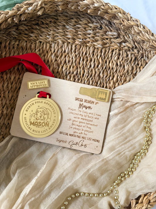Personalised Santa Approved Nice List Medal & Letter